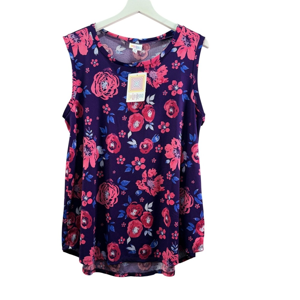 LuLaRoe Cocoa Tank Top Women XL Purple Floral Ribbed Sleeveless Knit Stretch New